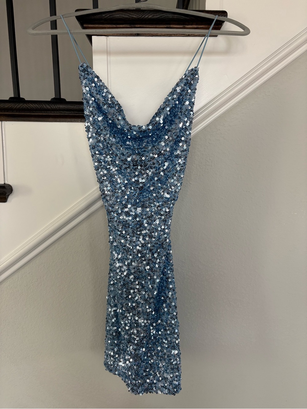 B Darlin Light Blue Sequin Cowl Neck Slip Dress